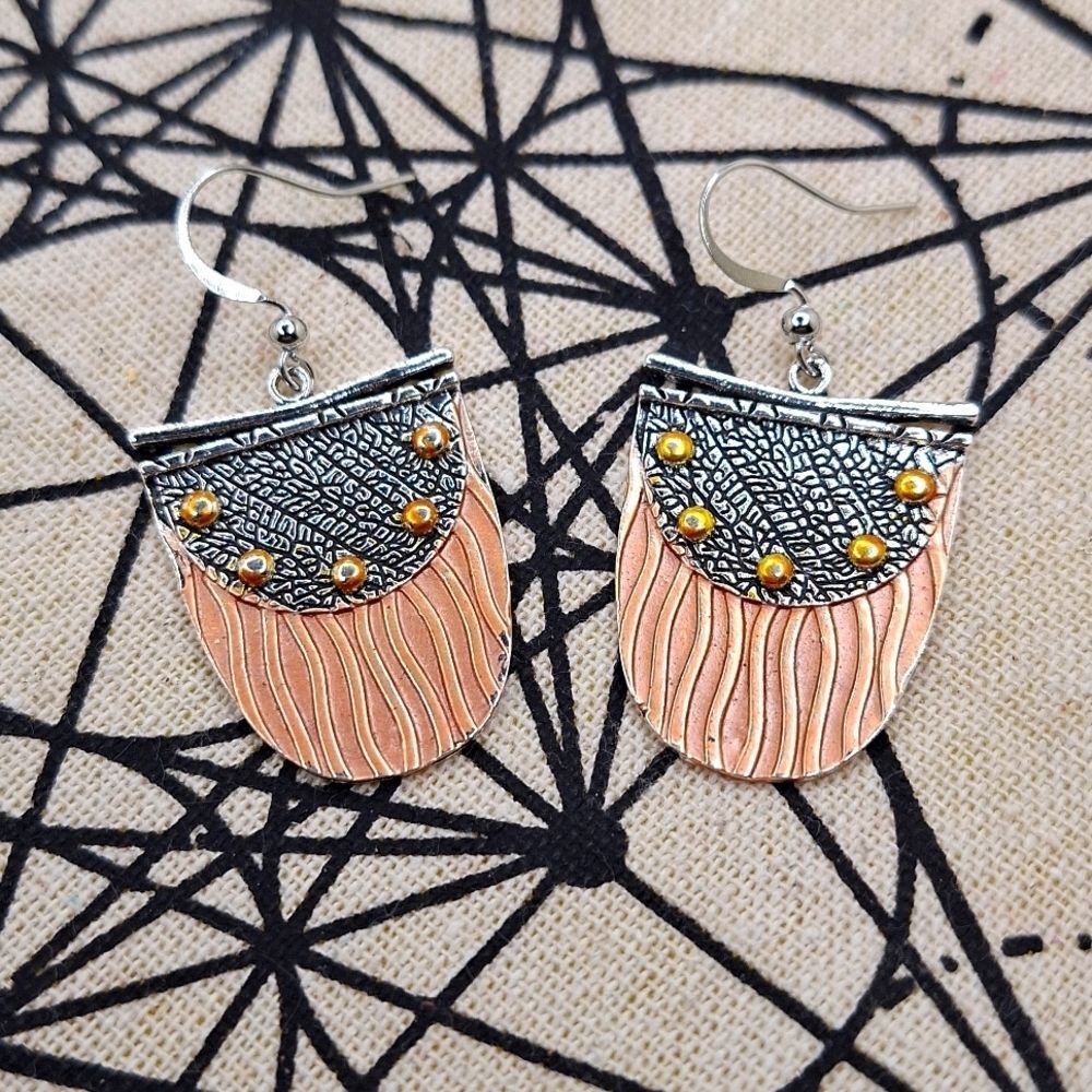 Tricolor tribal earrings copper gold silver mix studded western